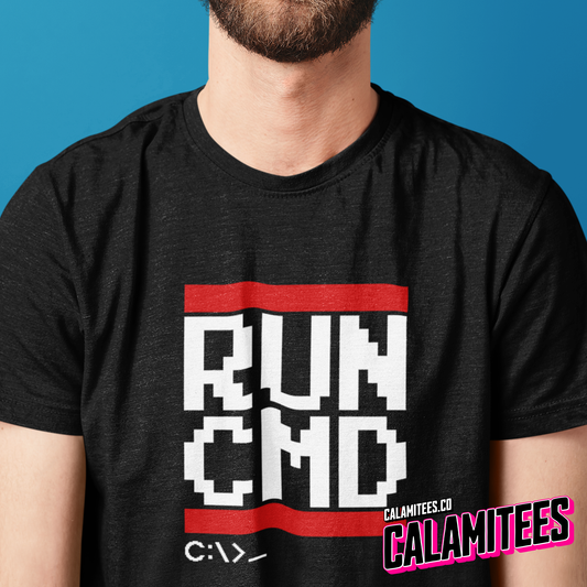 RUN CMD - Nerdy Geek IT Computer Console Command Line Run DMC Parody Logo Graphic Tee Funny T-Shirt