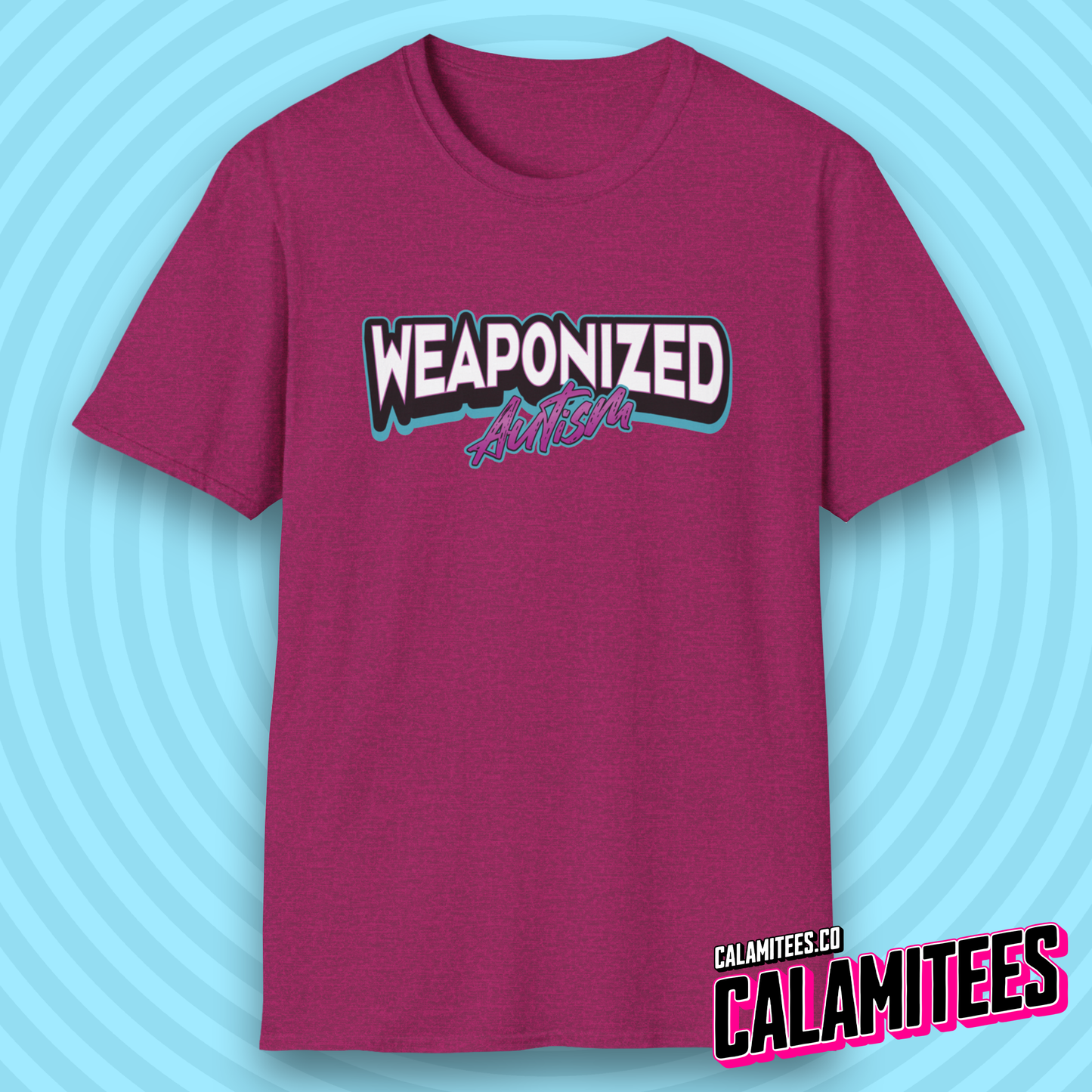 Weaponized Autism bold electric 80s style typographic logo graphic tee autistic humor synthwave retro style funny t-shirt