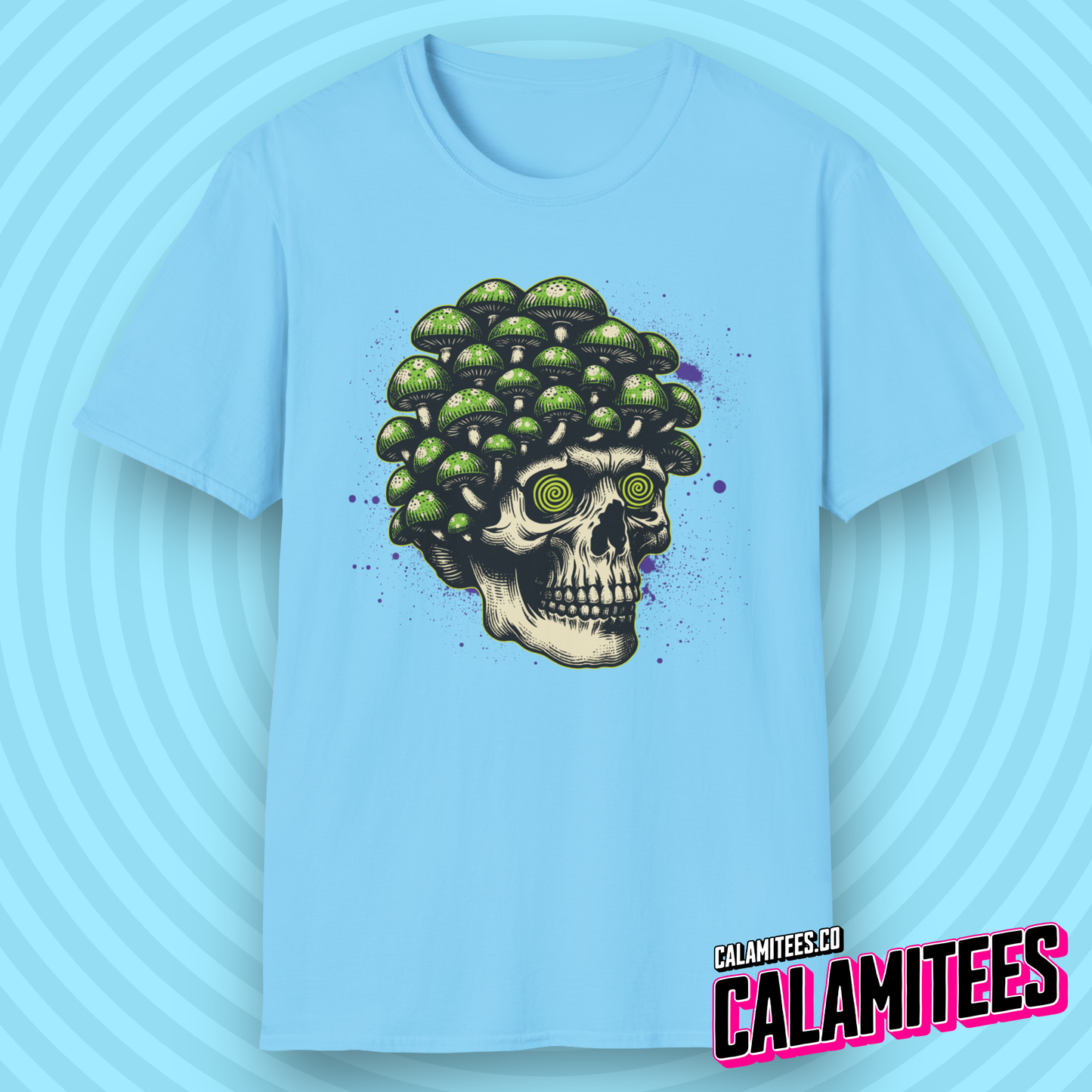 Trippy Skull Magic Mushroom Illustration Graphic Tee Tripping Psychedelic Art T-Shirt