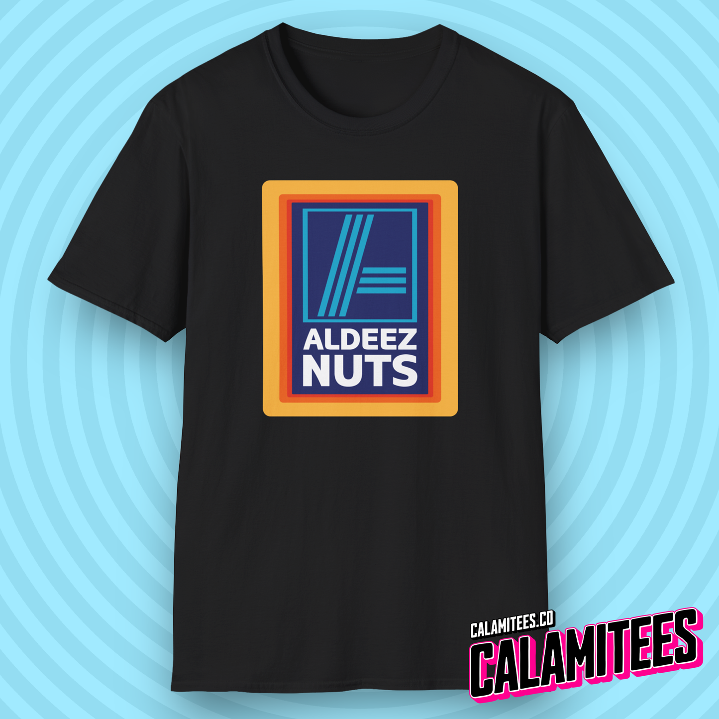 Aldeez Nuts Parody Aldi Logo Graphic Tee Funny T-Shirt at CALAMITEES.co