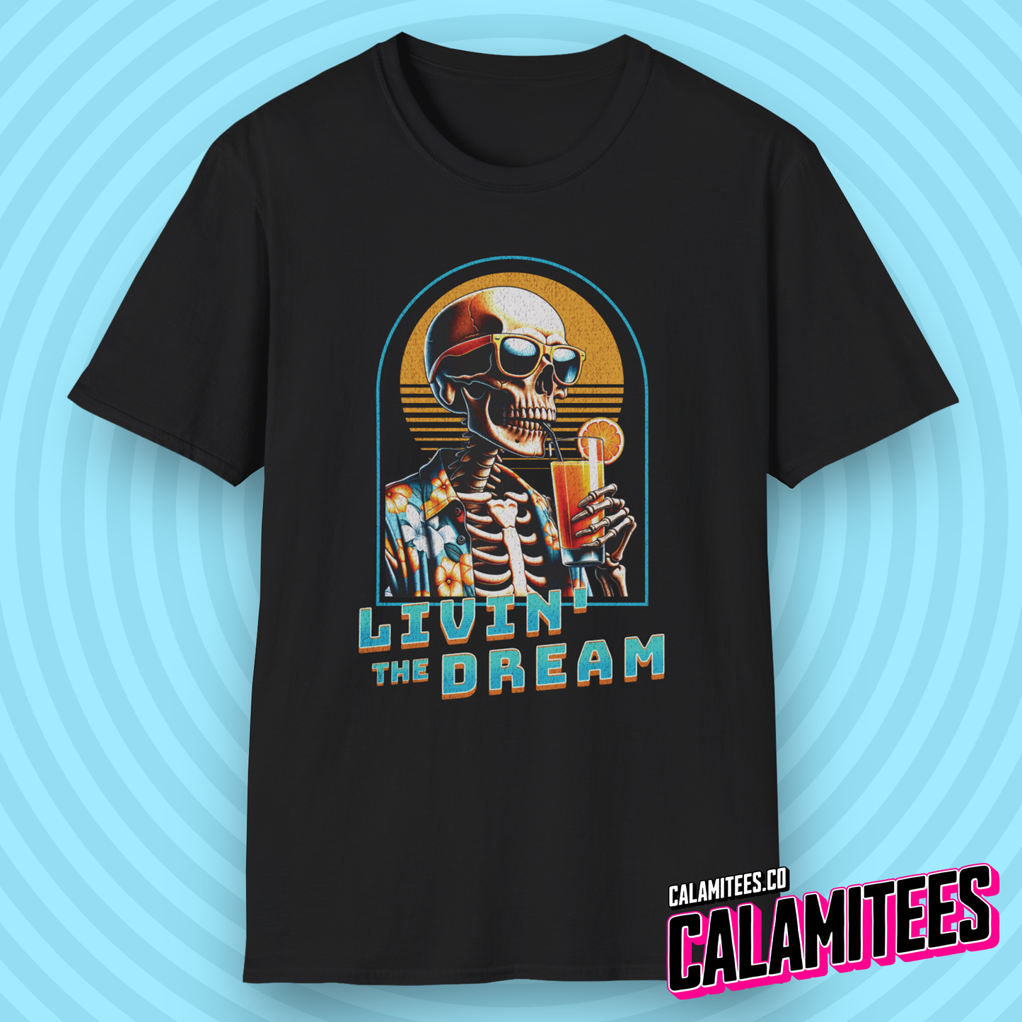 Livin' The Dream Tropical Skeleton in Hawaiian Shirt Illustration Graphic Tee Pop Culture Stylish Funny T-Shirt