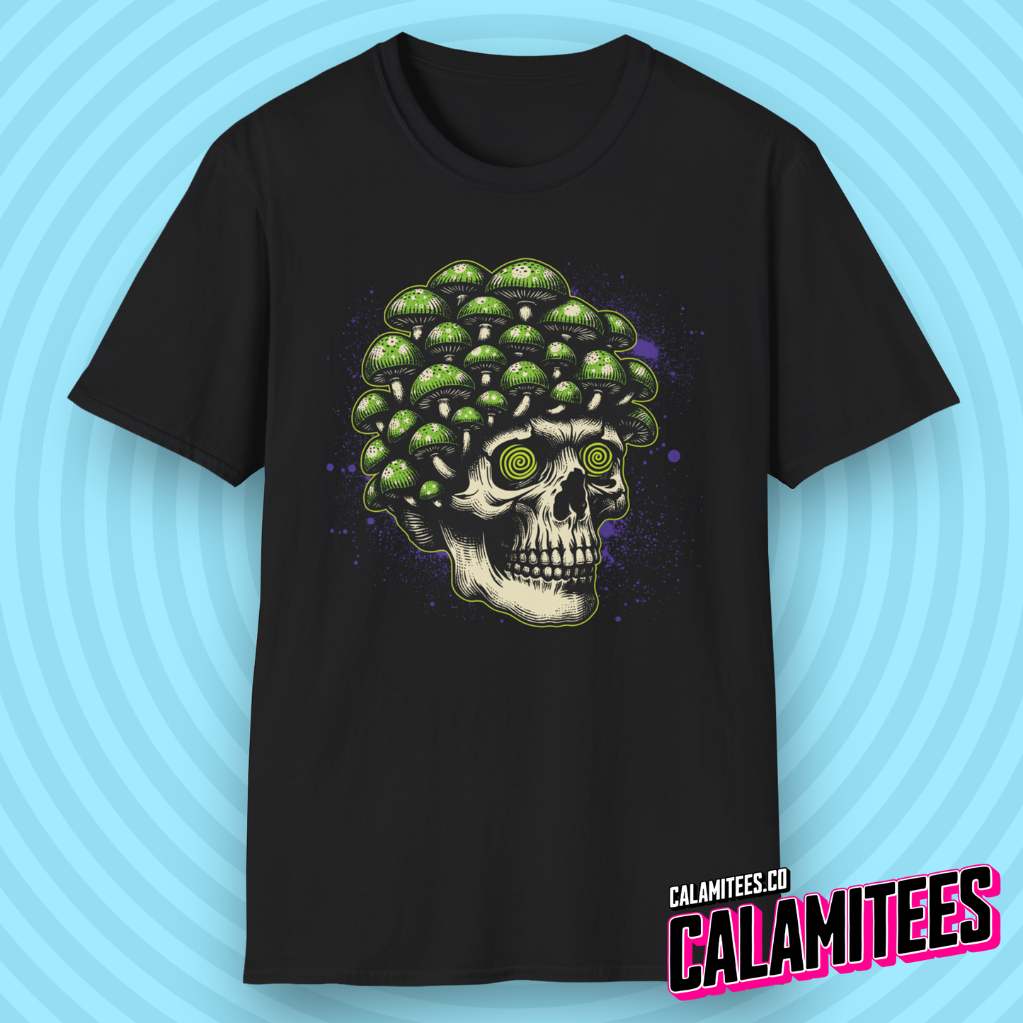 Trippy Skull Magic Mushroom Illustration Graphic Tee Tripping Psychedelic Art T-Shirt