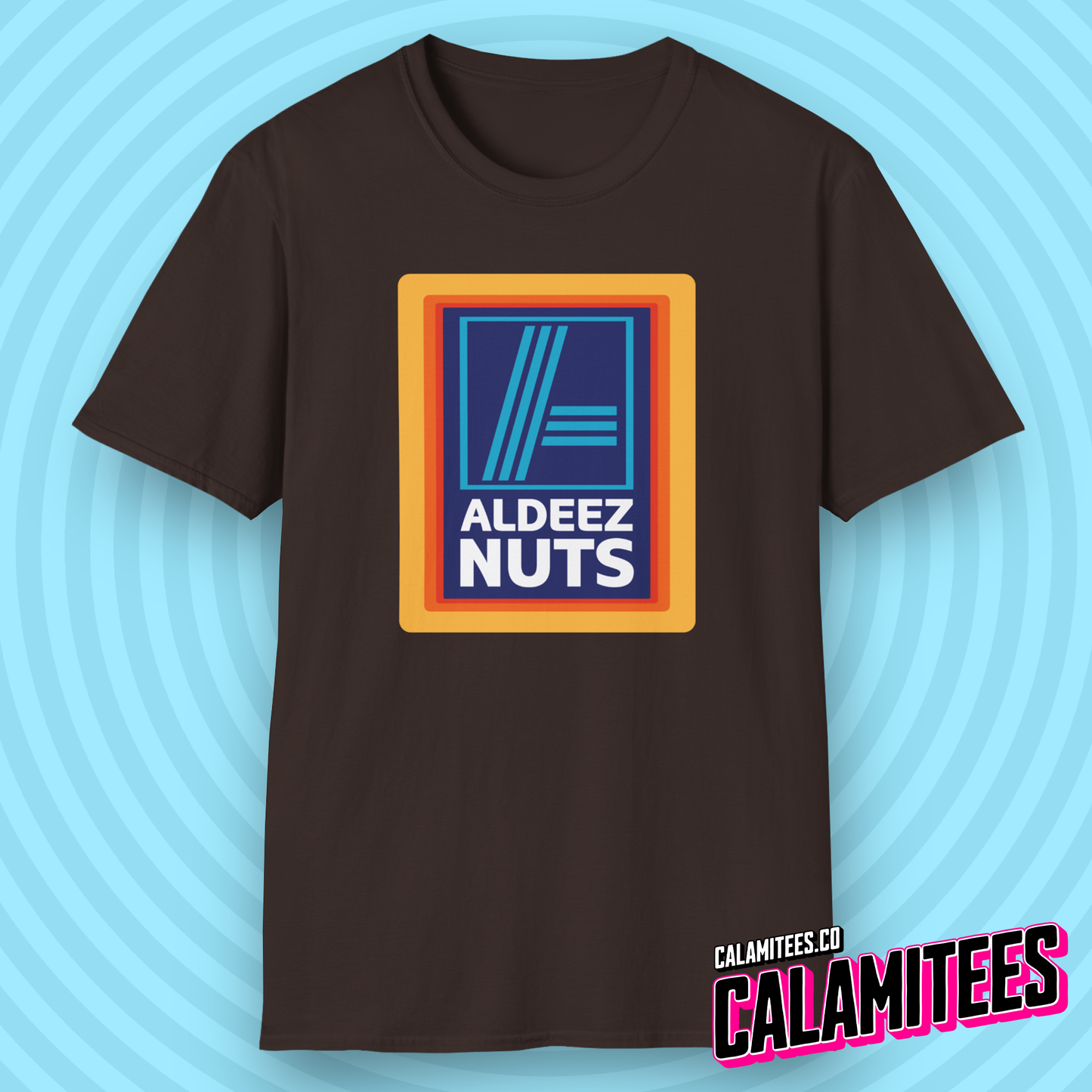 Aldeez Nuts Parody Aldi Logo Graphic Tee Funny T-Shirt at CALAMITEES.co