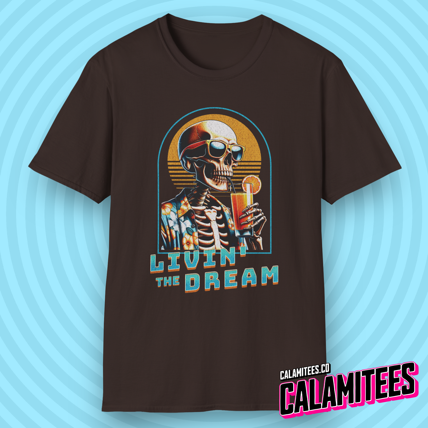 Livin' The Dream Tropical Skeleton in Hawaiian Shirt Illustration Graphic Tee Pop Culture Stylish Funny T-Shirt