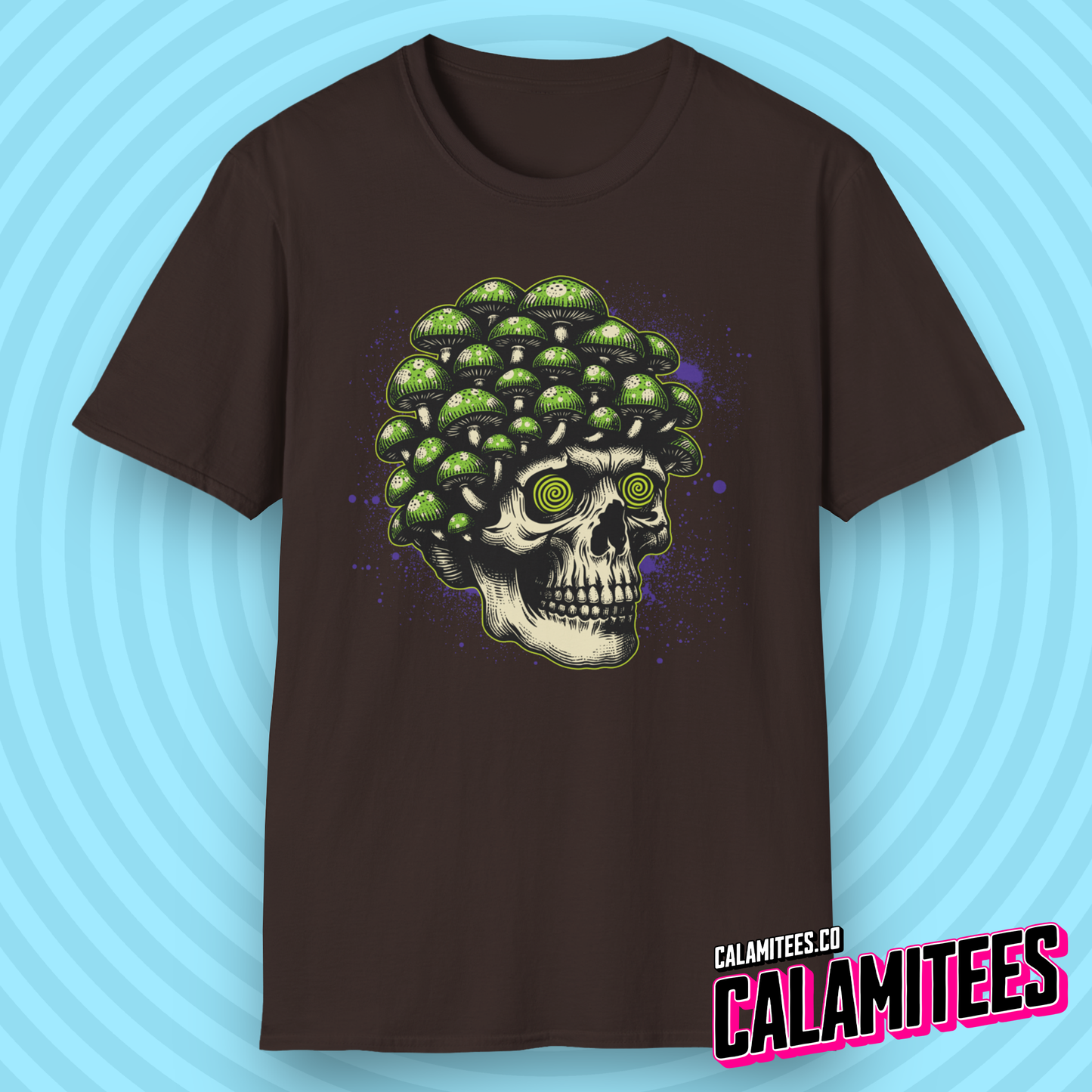 Trippy Skull Magic Mushroom Illustration Graphic Tee Tripping Psychedelic Art T-Shirt