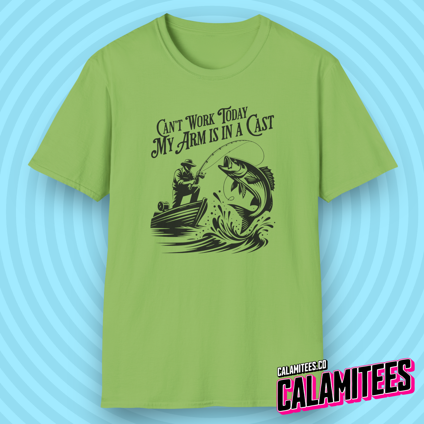 Can't Work Today My Arm Is In A Cast Funny Fishing T-Shirt Fisherman Bass Fishing Shirt CALAMITEES.co CalamiTees Graphic Tee