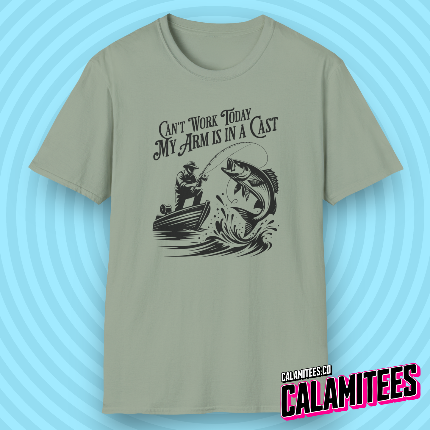 Can't Work Today My Arm Is In A Cast Funny Fishing T-Shirt Fisherman Bass Fishing Shirt CALAMITEES.co CalamiTees Graphic Tee