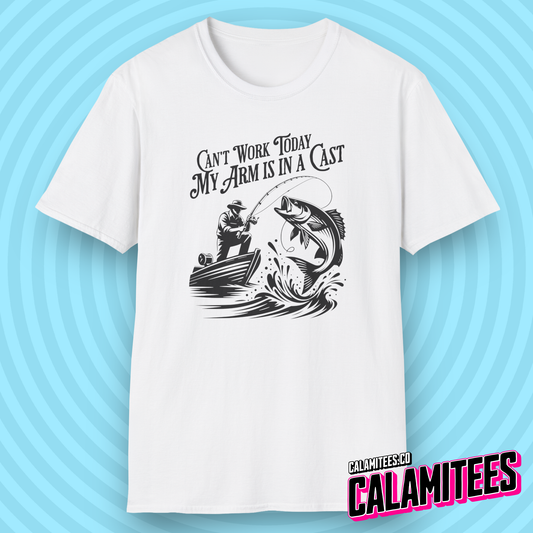 Can't Work Today My Arm Is In A Cast Funny Fishing T-Shirt Fisherman Bass Fishing Shirt CALAMITEES.co CalamiTees Graphic Tee