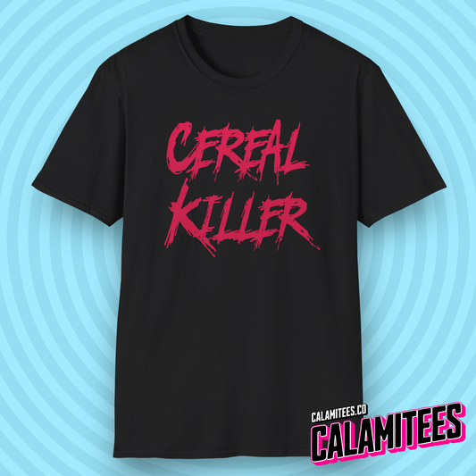 Cereal Killer Serial Killer Parody Horror Style Funny Graphic T-Shirt for Food Lovers by CALAMITEES.co