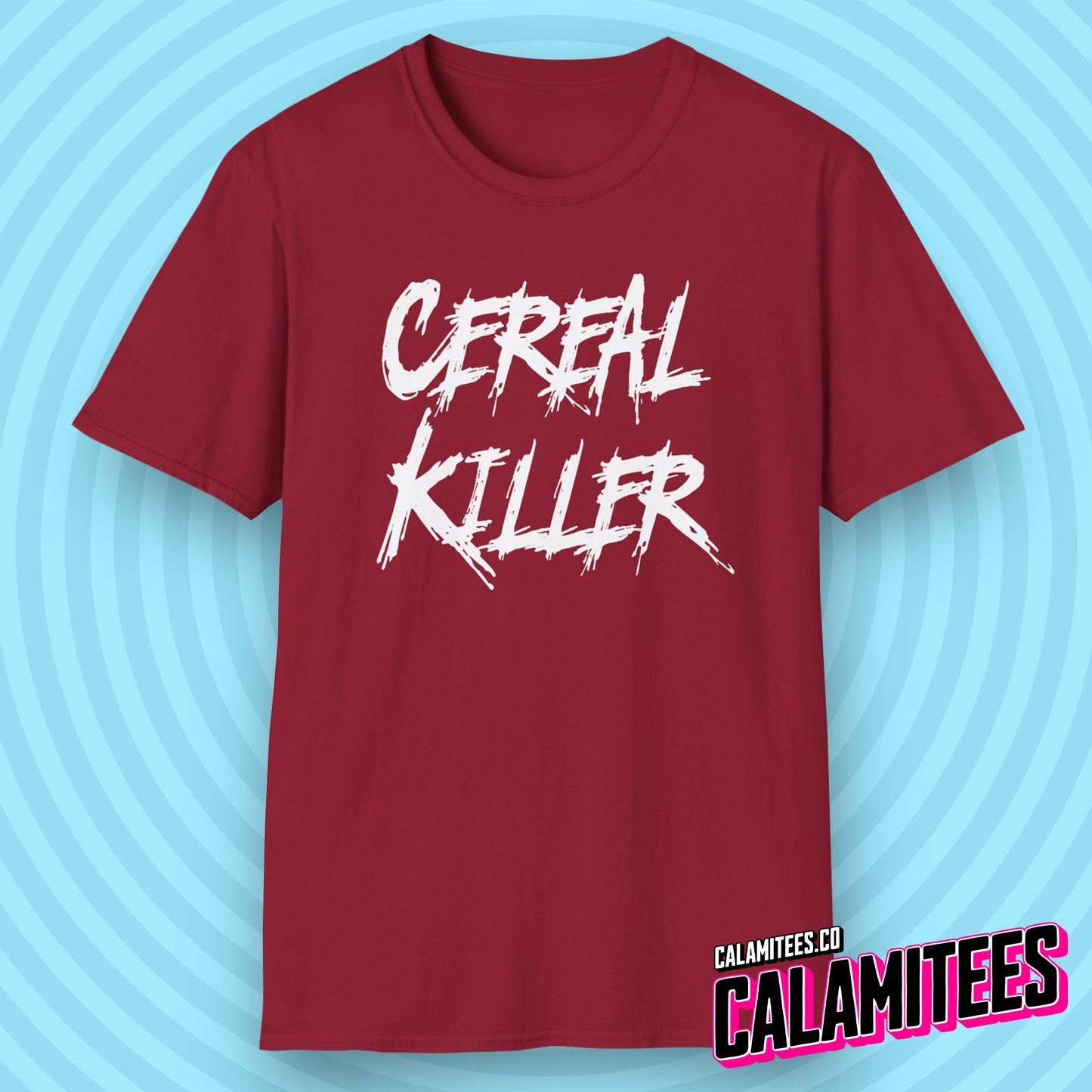 Cereal Killer Serial Killer Parody Horror Style Funny Graphic T-Shirt for Food Lovers by CALAMITEES.co