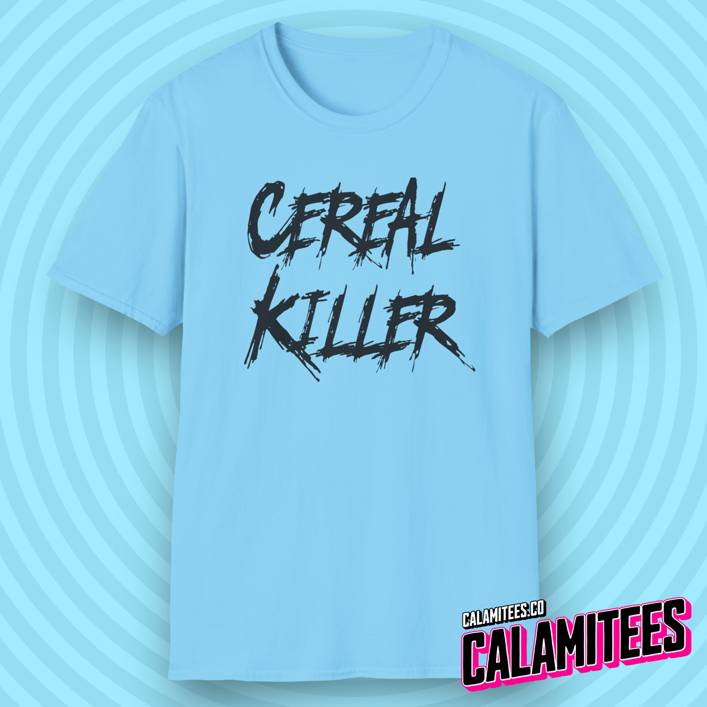 Cereal Killer Serial Killer Parody Horror Style Funny Graphic T-Shirt for Food Lovers by CALAMITEES.co