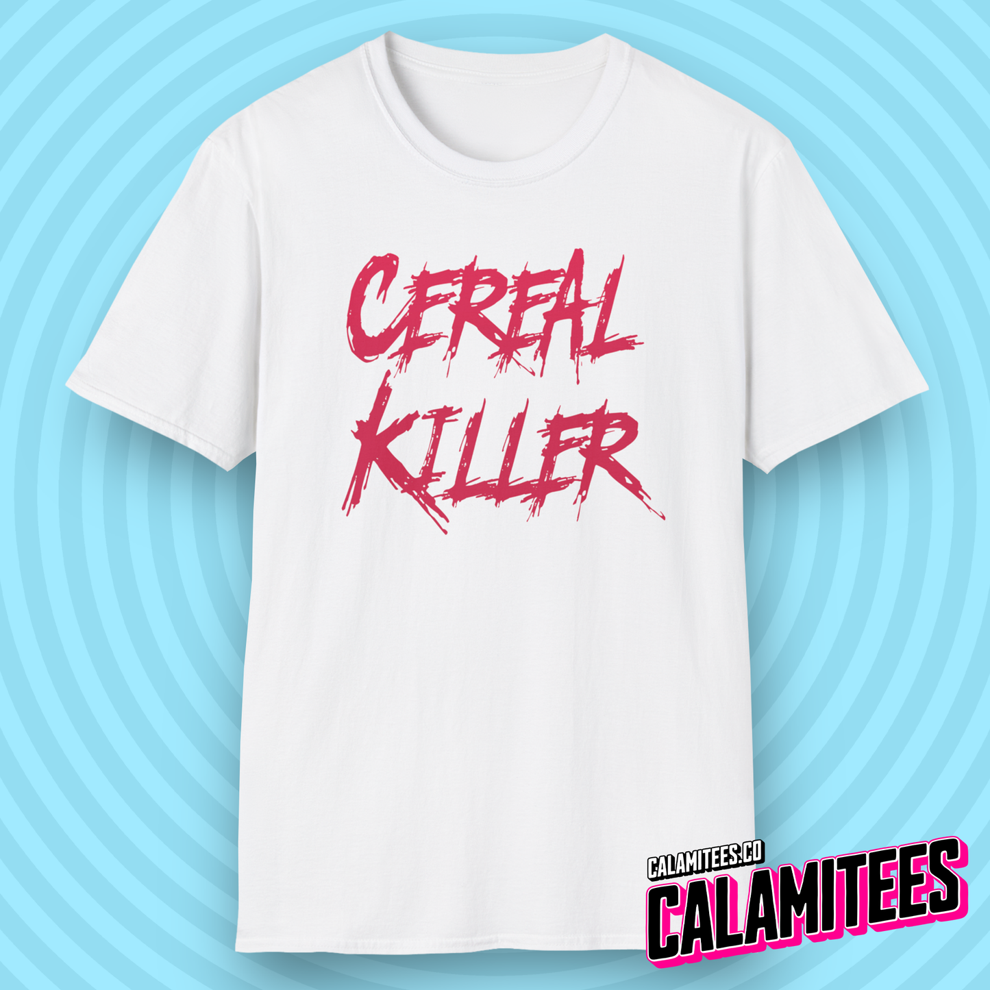 Cereal Killer Serial Killer Parody Horror Style Funny Graphic T-Shirt for Food Lovers by CALAMITEES.co
