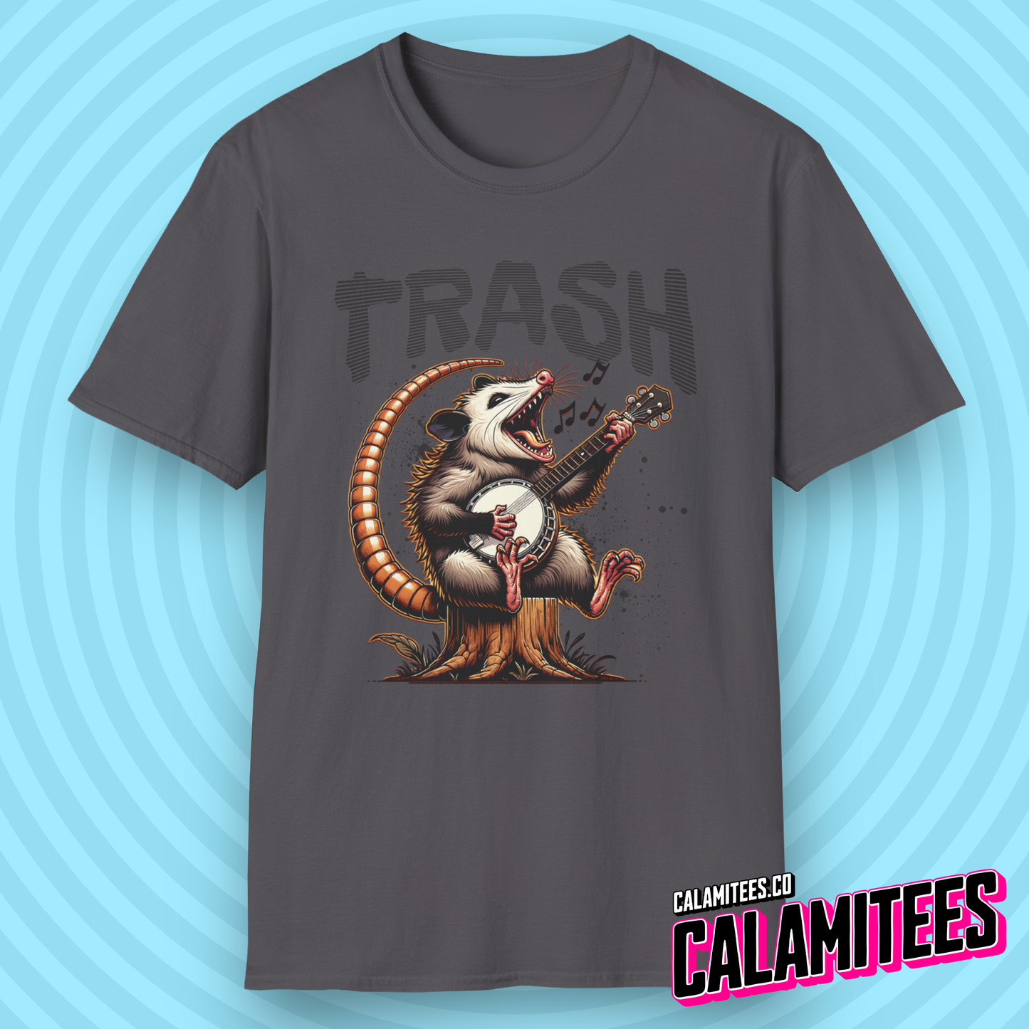 Opossum Playing Banjo Guitar Junkyard Jamboree Trash Possum Illustration Graphic Tee Funny T-Shirt