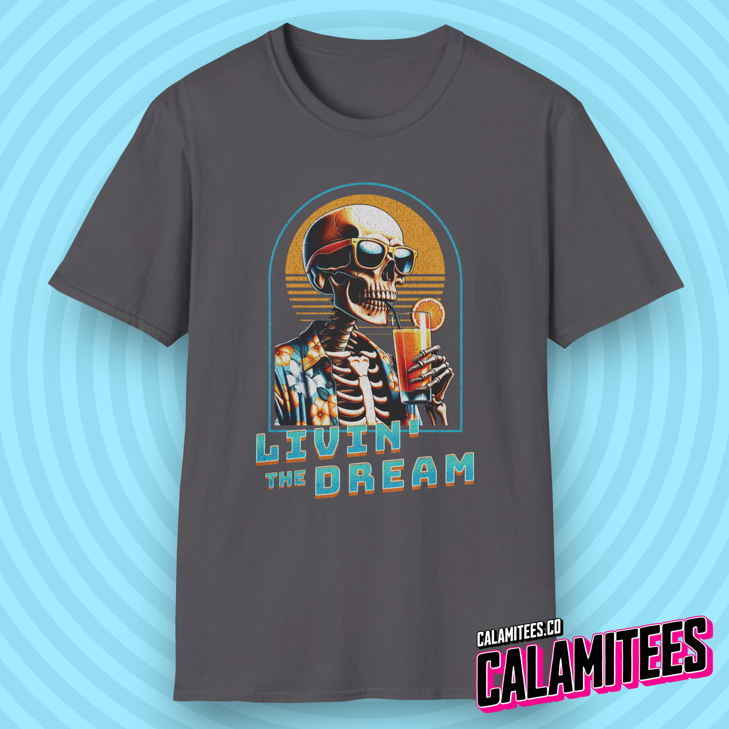 Livin' The Dream Tropical Skeleton in Hawaiian Shirt Illustration Graphic Tee Pop Culture Stylish Funny T-Shirt