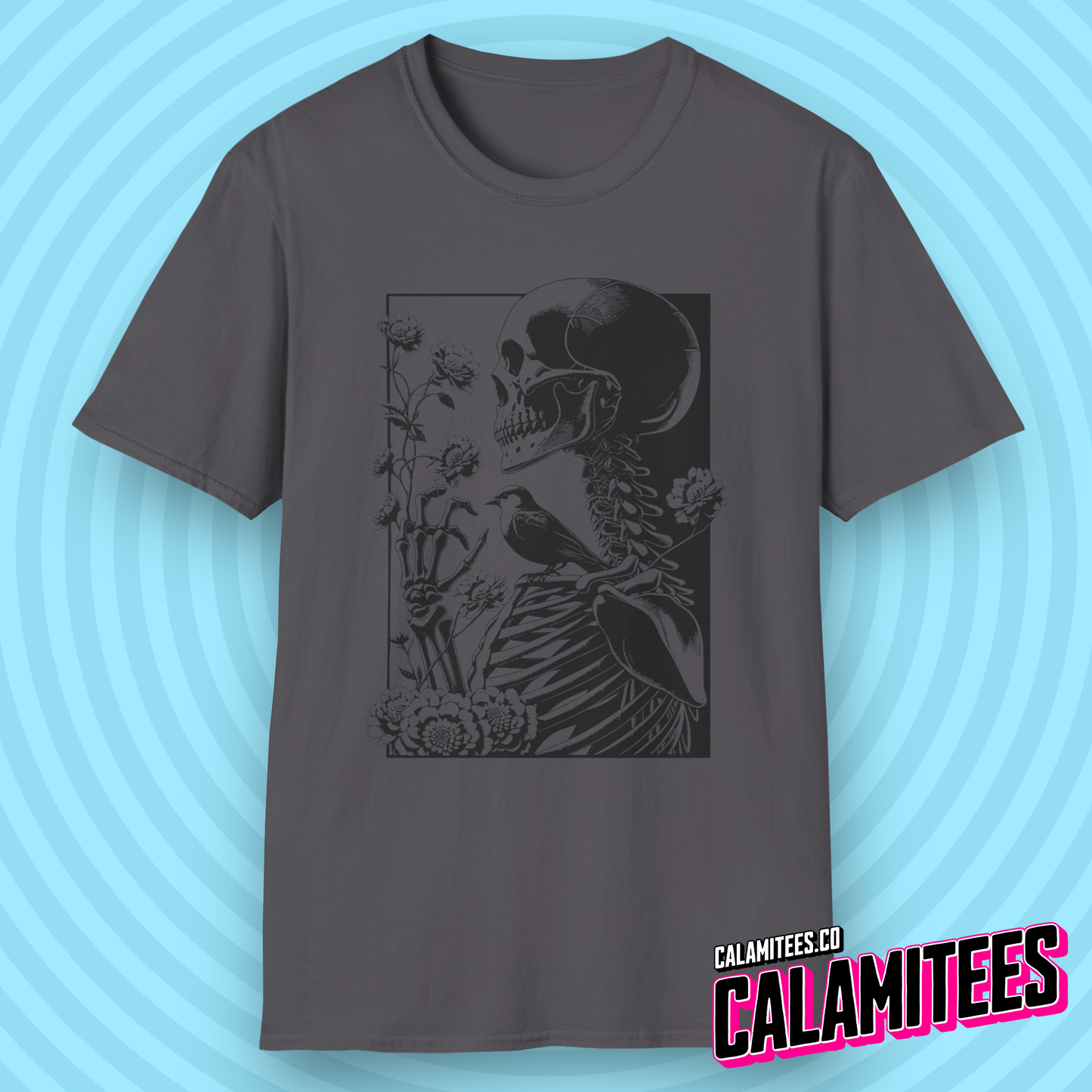 The Gardener - Skeleton With Wildflowers Floral Bird and Skull Illustration Graphic Tee T-Shirt