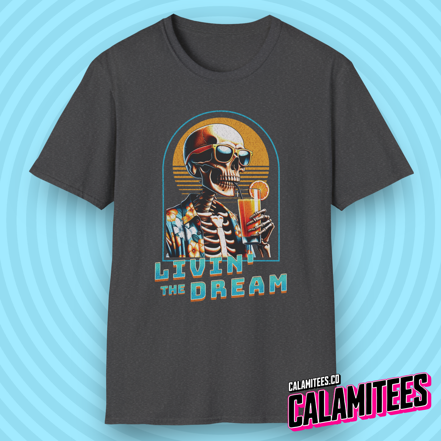 Livin' The Dream Tropical Skeleton in Hawaiian Shirt Illustration Graphic Tee Pop Culture Stylish Funny T-Shirt