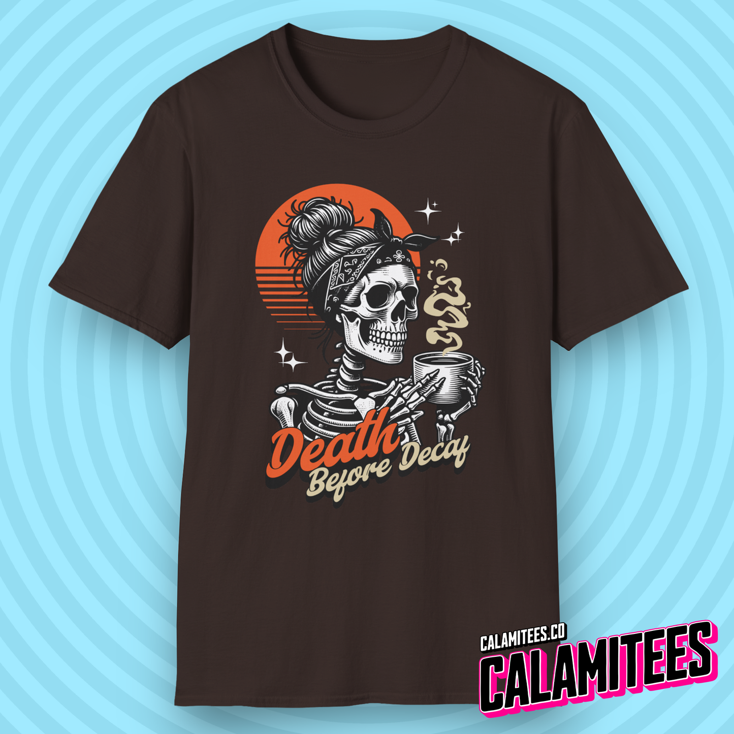 Death Before Decaf Skeleton with Coffee Mug Graphic Tee Sunrise Typographic T-Shirt