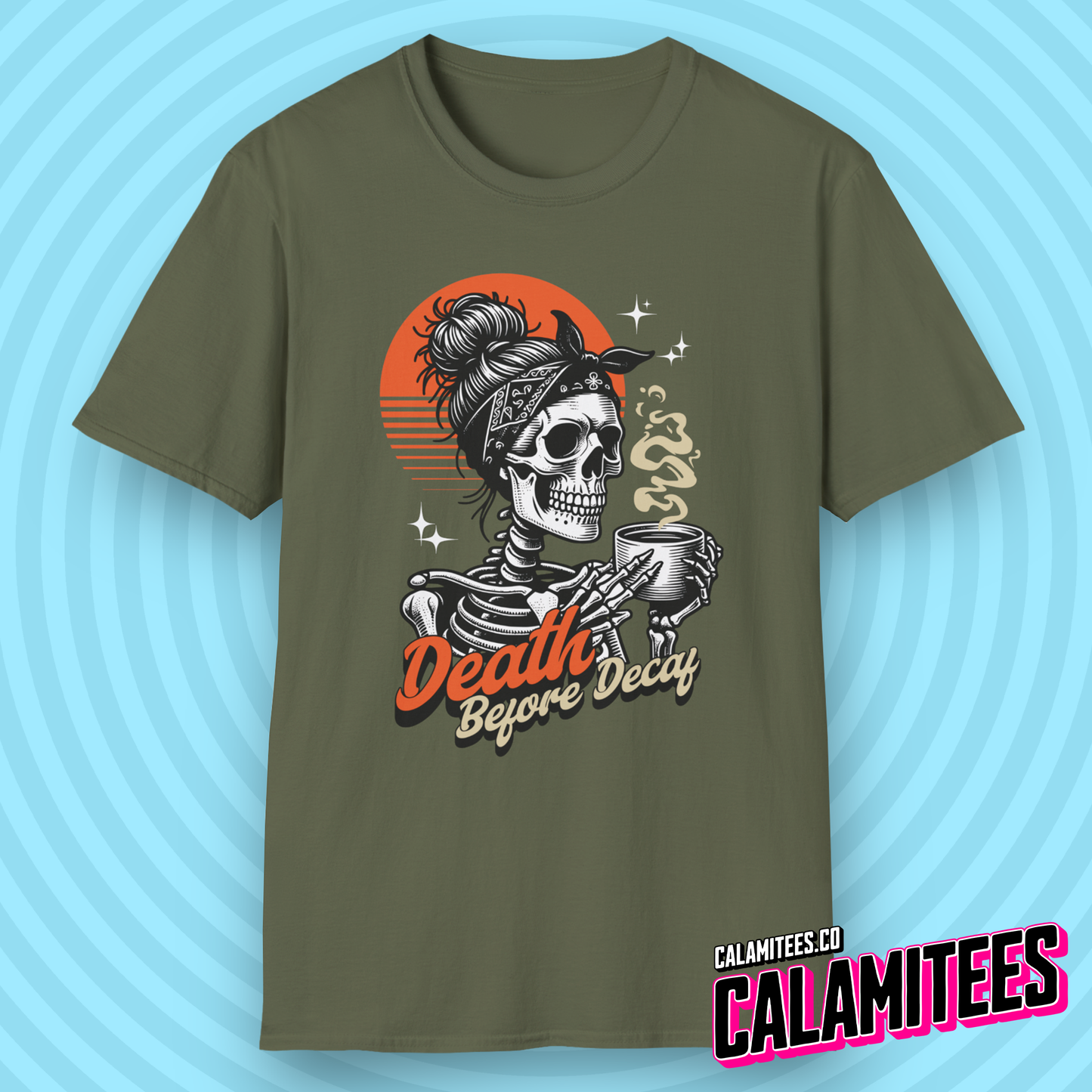 Death Before Decaf Skeleton with Coffee Mug Graphic Tee Sunrise Typographic T-Shirt
