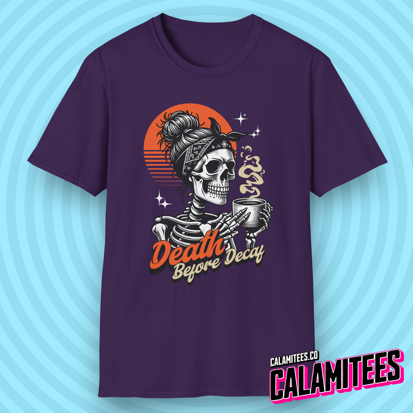 Death Before Decaf Skeleton with Coffee Mug Graphic Tee Sunrise Typographic T-Shirt