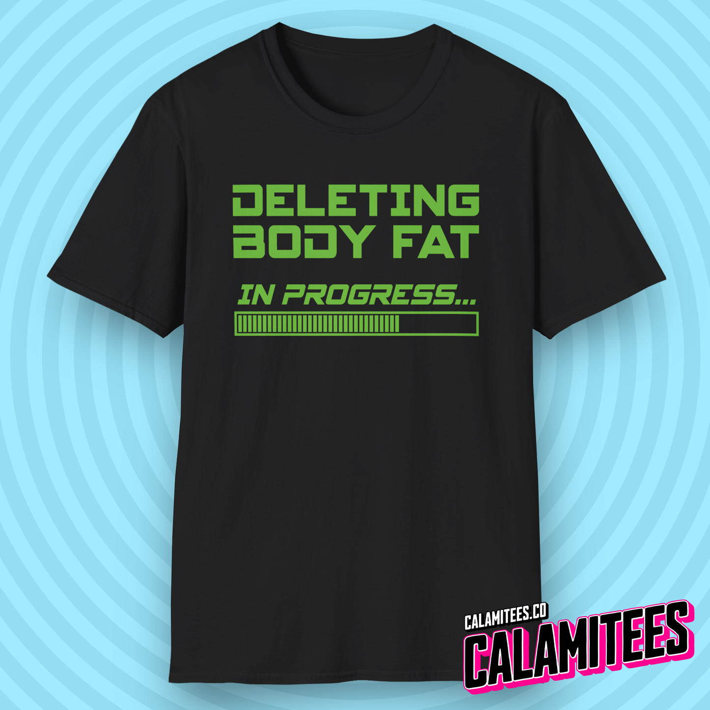 Deleting Body Fat (Bodyfat) Please Wait Gym T-Shirt in Retro Computer PC Console Style by CALAMITEES.co