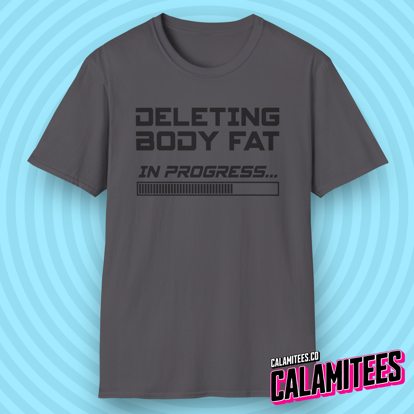Deleting Body Fat (Bodyfat) Please Wait Gym T-Shirt in Retro Computer PC Console Style by CALAMITEES.co