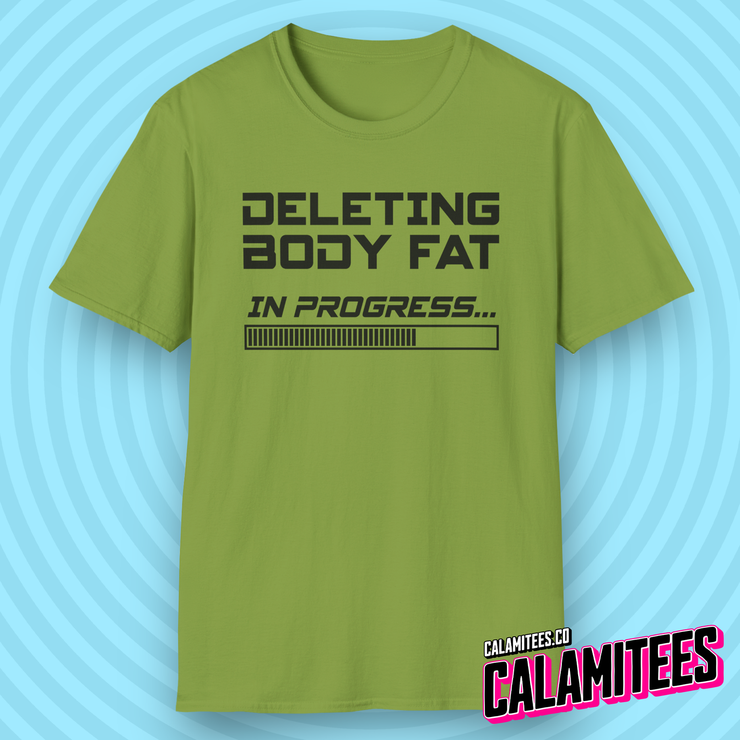 Deleting Body Fat (Bodyfat) Please Wait Gym T-Shirt in Retro Computer PC Console Style by CALAMITEES.co