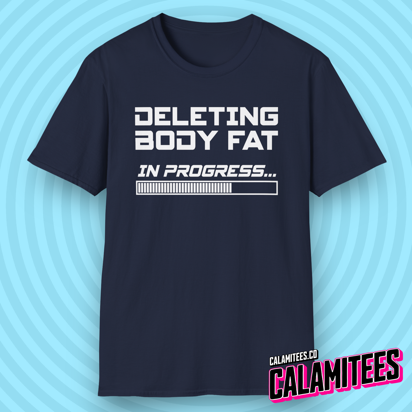 Deleting Body Fat (Bodyfat) Please Wait Gym T-Shirt in Retro Computer PC Console Style by CALAMITEES.co