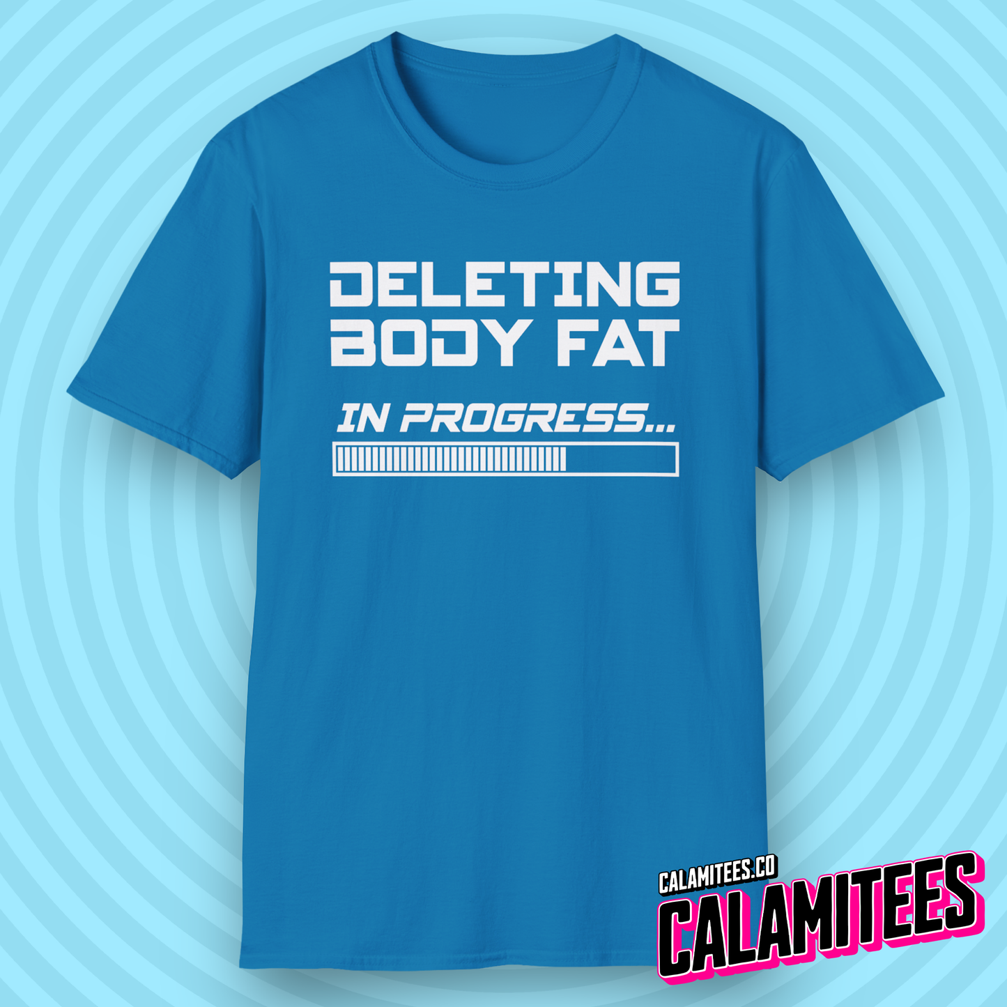 Deleting Body Fat (Bodyfat) Please Wait Gym T-Shirt in Retro Computer PC Console Style by CALAMITEES.co