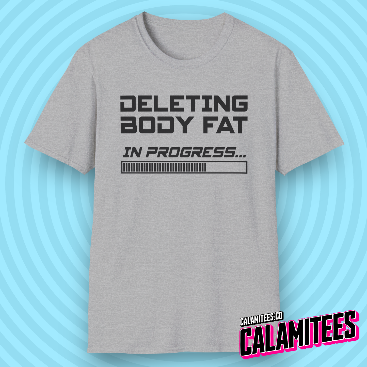 Deleting Body Fat (Bodyfat) Please Wait Gym T-Shirt in Retro Computer PC Console Style by CALAMITEES.co