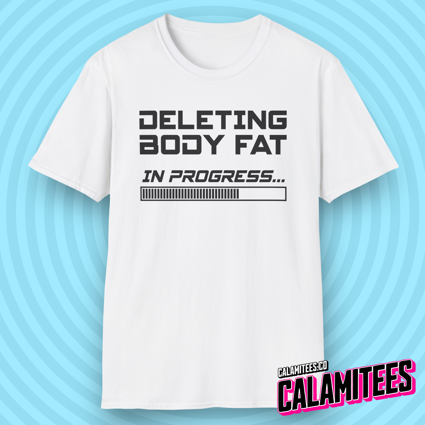 Deleting Body Fat (Bodyfat) Please Wait Gym T-Shirt in Retro Computer PC Console Style by CALAMITEES.co