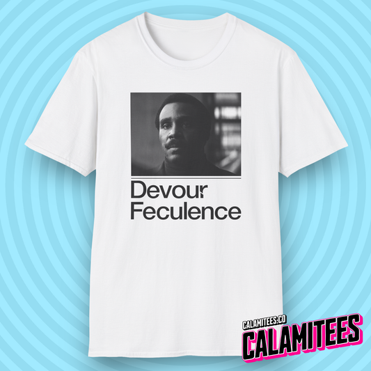 Devour Feculence Milchick Quote from Severance Black and White Photo Severance Title Logo Style Graphic Tee Devour Feculence CALAMITEES.co