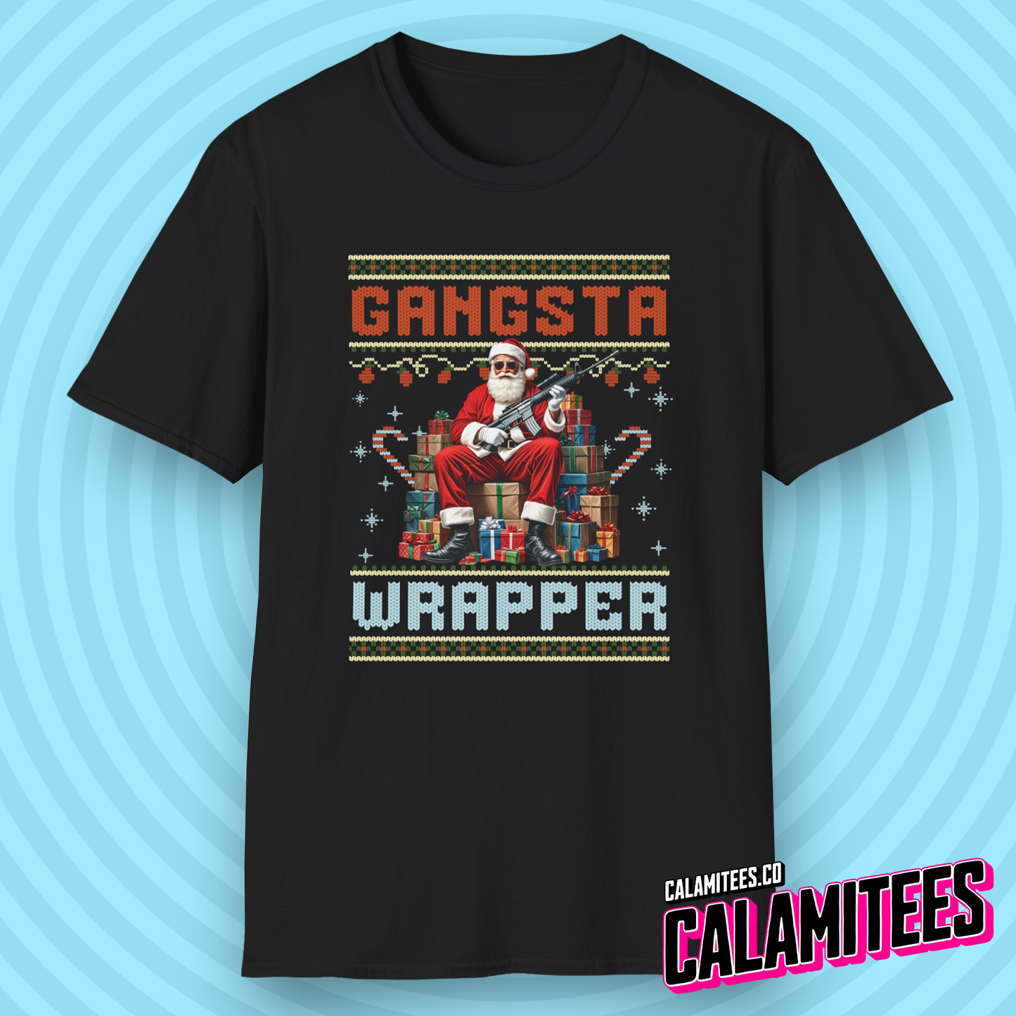 Gangsta Wrapper - Gangster Santa Claus With a Gun and Christmas Gifts Rap Parody Graphic Tee Xmas Funny T-Shirt
