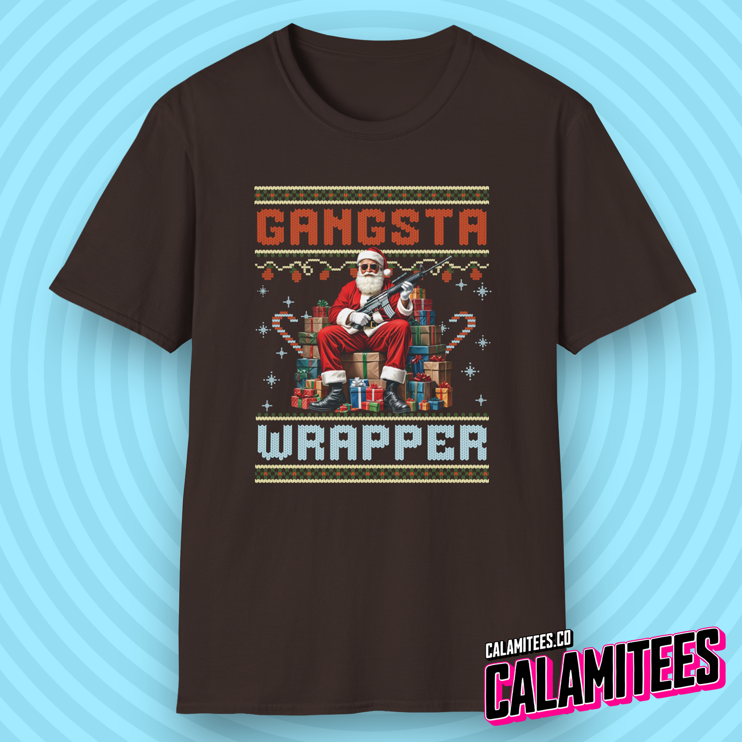 Gangsta Wrapper - Gangster Santa Claus With a Gun and Christmas Gifts Rap Parody Graphic Tee Xmas Funny T-Shirt