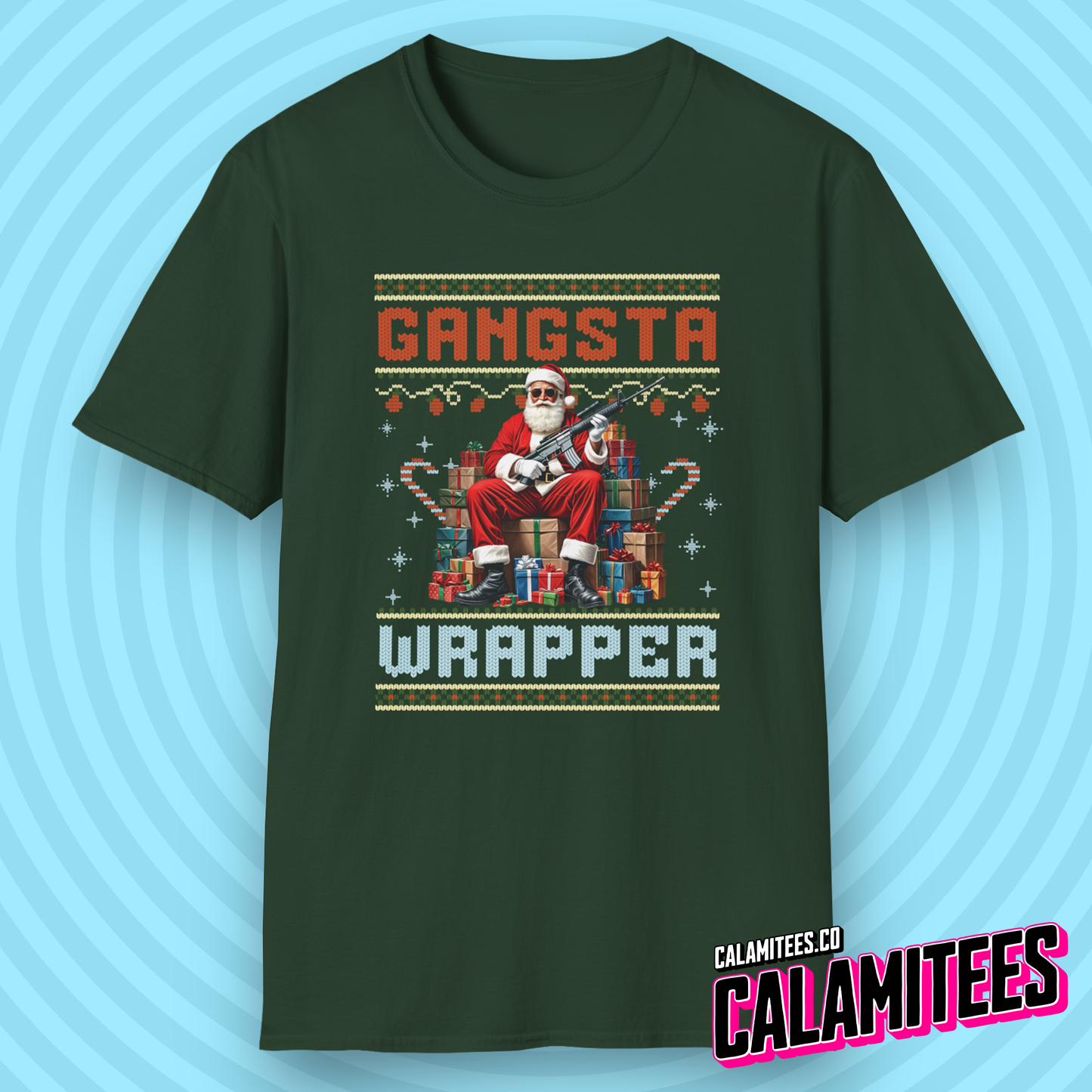 Gangsta Wrapper - Gangster Santa Claus With a Gun and Christmas Gifts Rap Parody Graphic Tee Xmas Funny T-Shirt