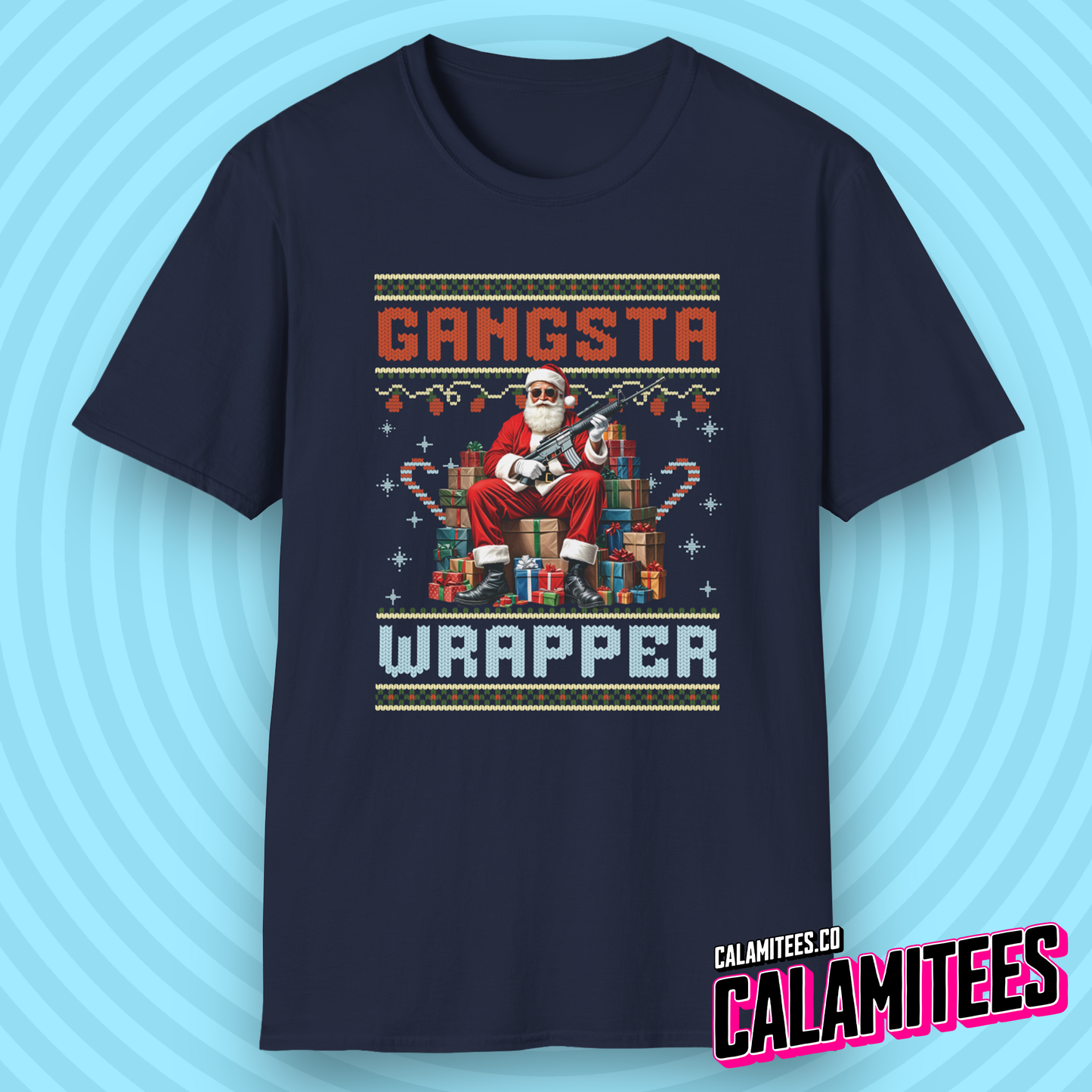 Gangsta Wrapper - Gangster Santa Claus With a Gun and Christmas Gifts Rap Parody Graphic Tee Xmas Funny T-Shirt