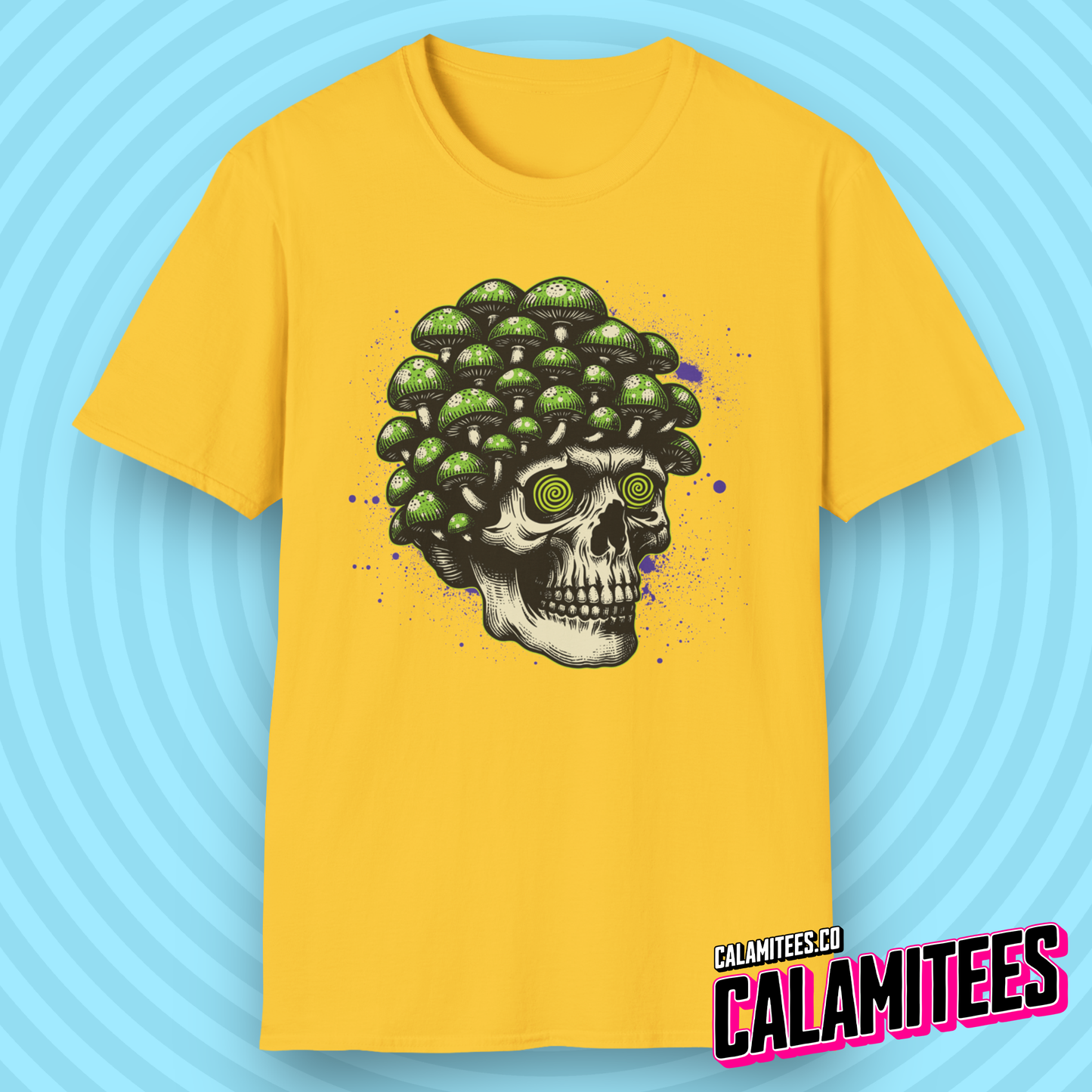 Trippy Skull Magic Mushroom Illustration Graphic Tee Tripping Psychedelic Art T-Shirt