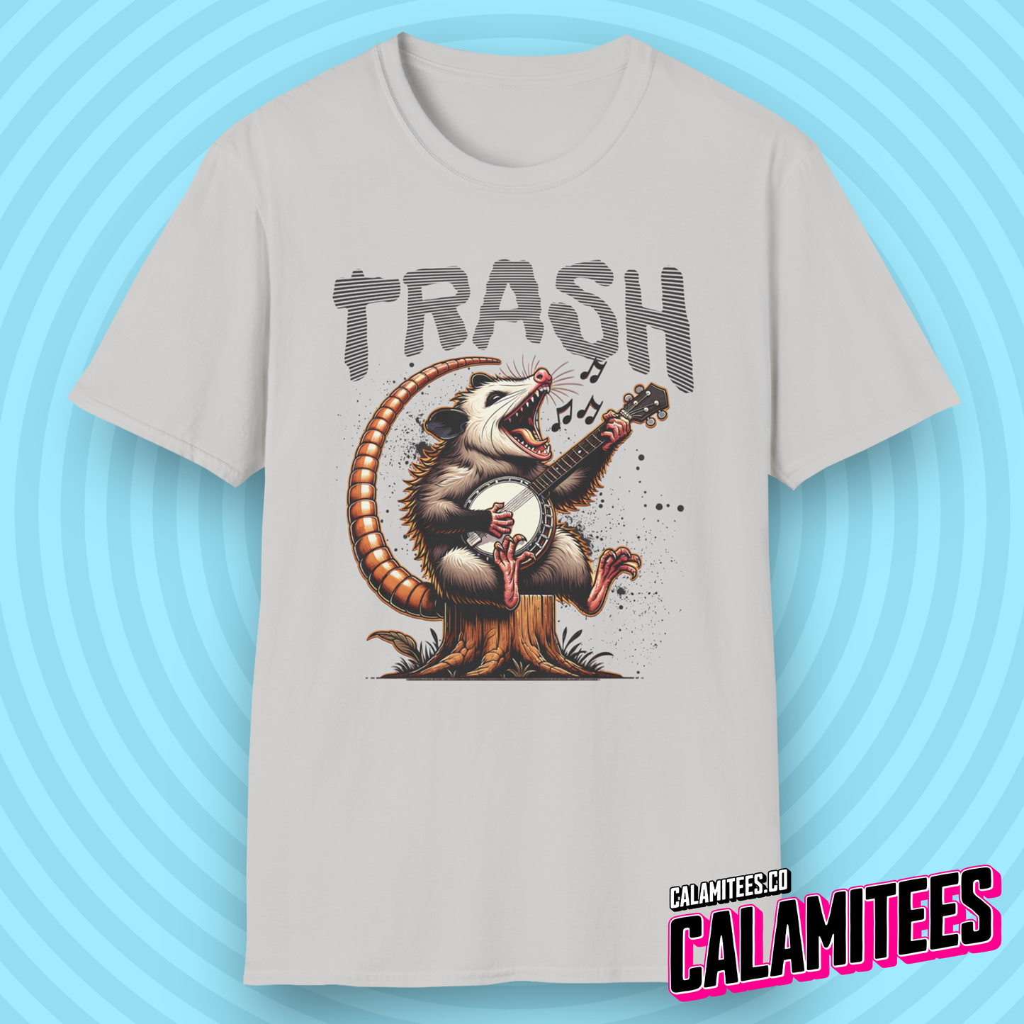 Opossum Playing Banjo Guitar Junkyard Jamboree Trash Possum Illustration Graphic Tee Funny T-Shirt