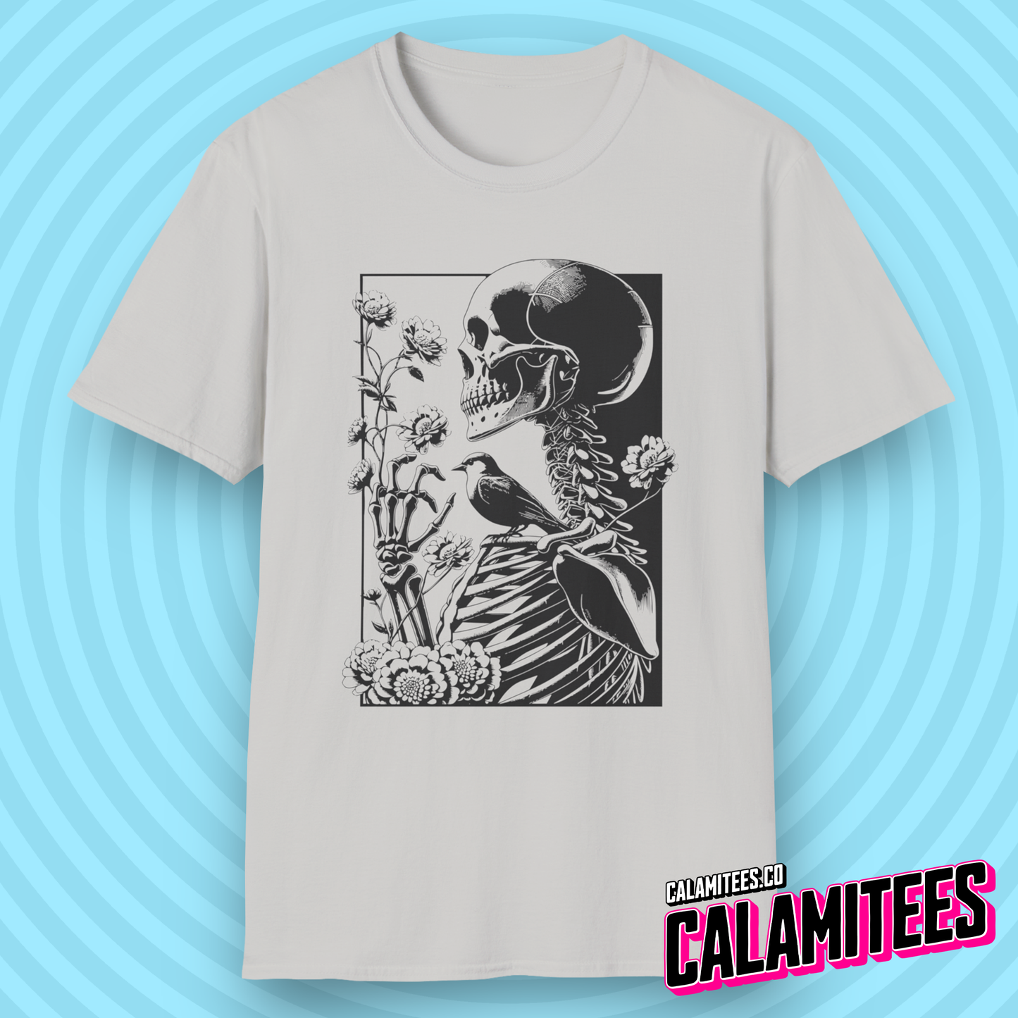 The Gardener - Skeleton With Wildflowers Floral Bird and Skull Illustration Graphic Tee T-Shirt