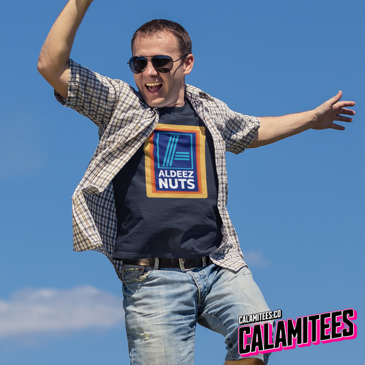 Aldeez Nuts Parody Aldi Logo Graphic Tee Funny T-Shirt at CALAMITEES.co