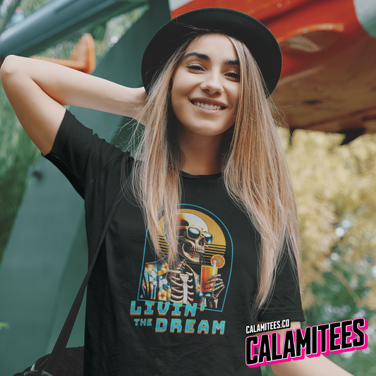 Attractive Young Woman Wearing Livin' The Dream Tropical Skeleton in Hawaiian Shirt Illustration Graphic Tee Pop Culture Stylish Funny T-Shirt
