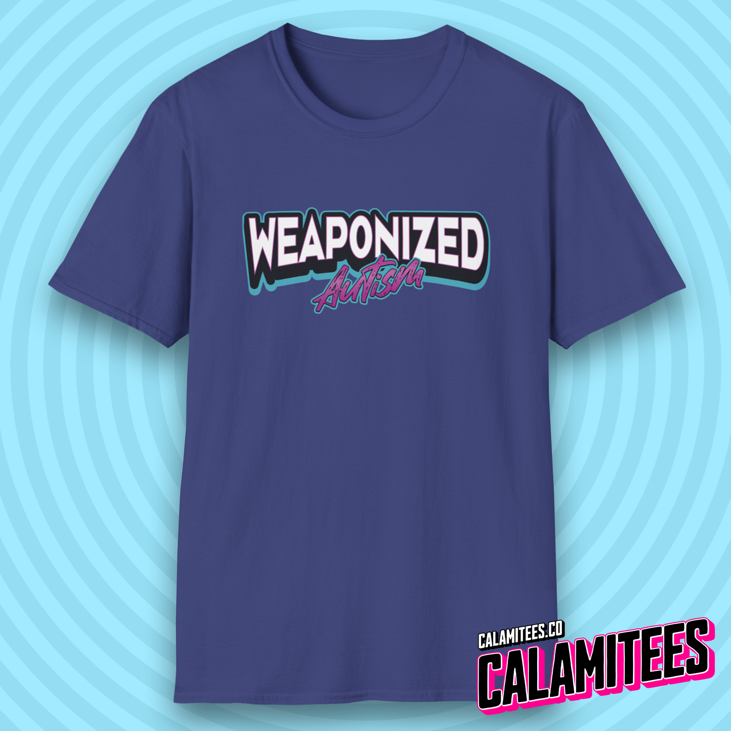 Weaponized Autism bold electric 80s style typographic logo graphic tee autistic humor synthwave retro style funny t-shirt