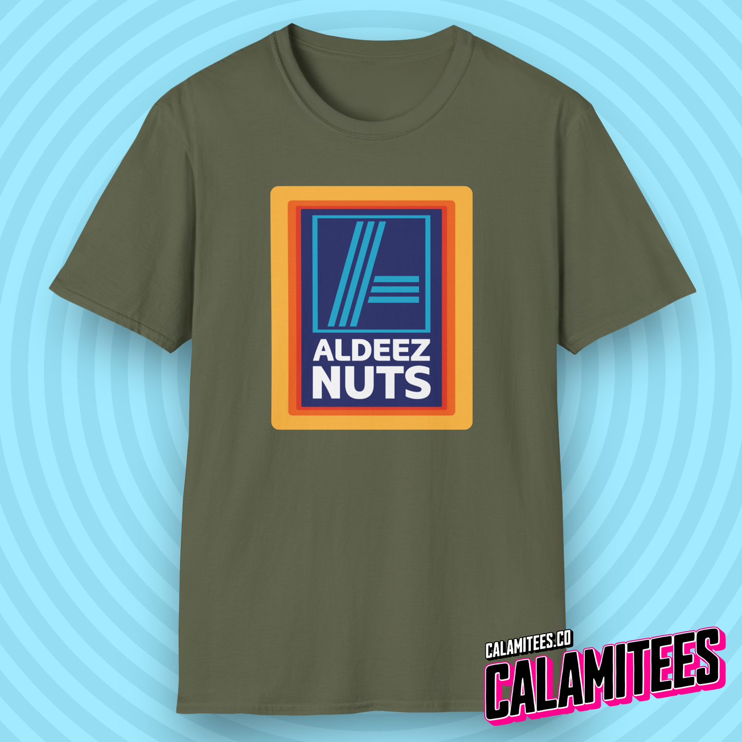 Aldeez Nuts Parody Aldi Logo Graphic Tee Funny T-Shirt at CALAMITEES.co