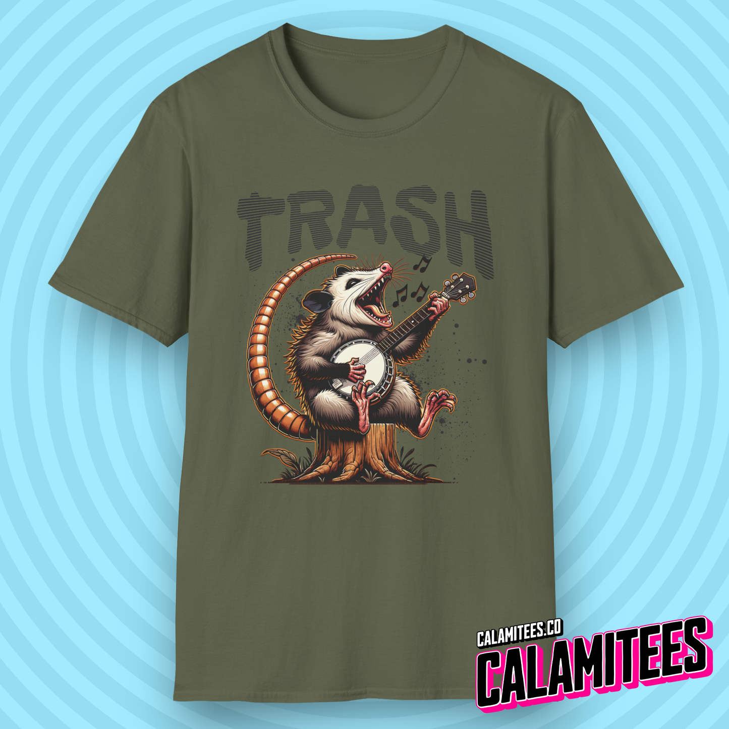 Opossum Playing Banjo Guitar Junkyard Jamboree Trash Possum Illustration Graphic Tee Funny T-Shirt