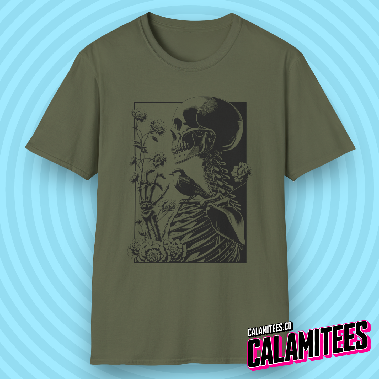 The Gardener - Skeleton With Wildflowers Floral Bird and Skull Illustration Graphic Tee T-Shirt
