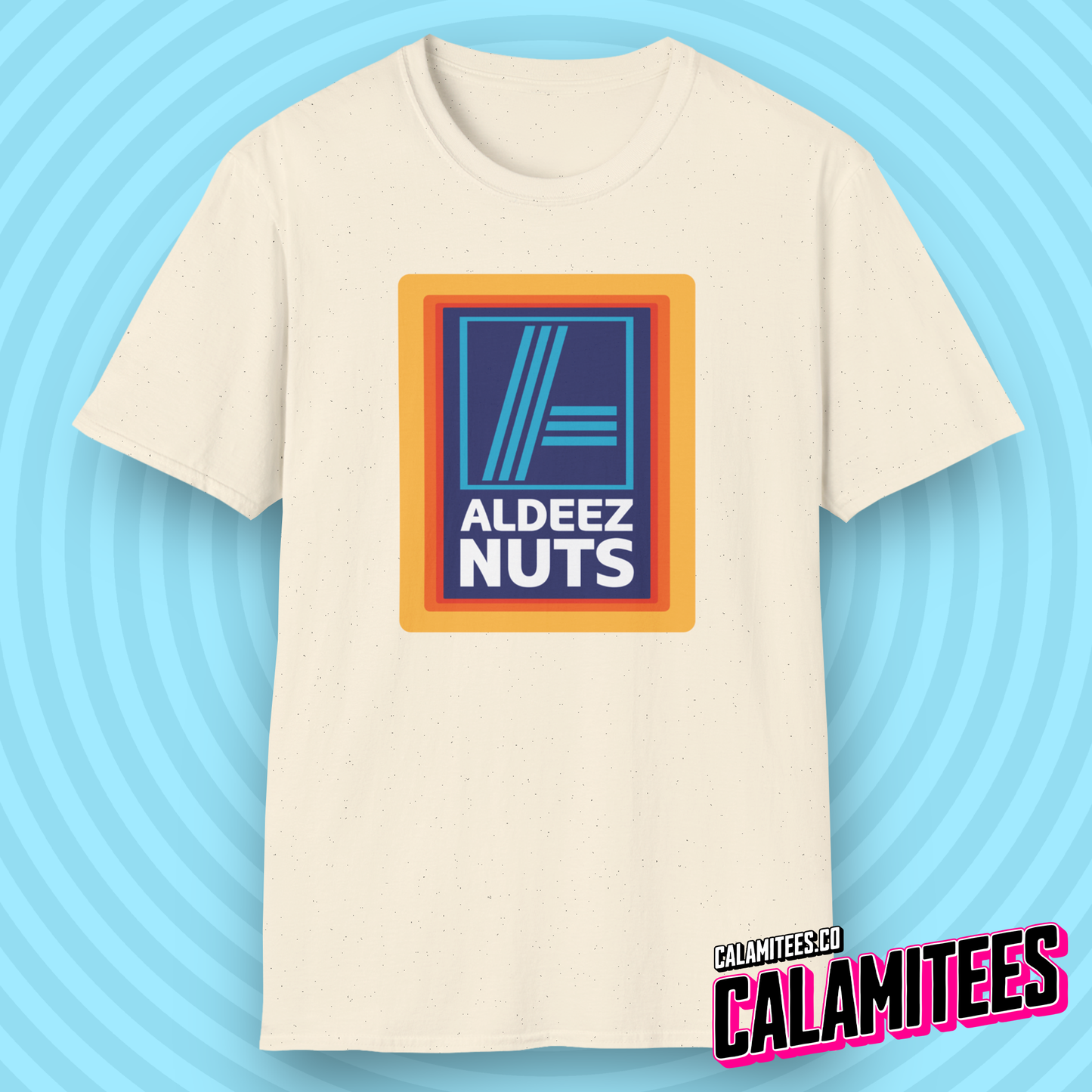Aldeez Nuts Parody Aldi Logo Graphic Tee Funny T-Shirt at CALAMITEES.co