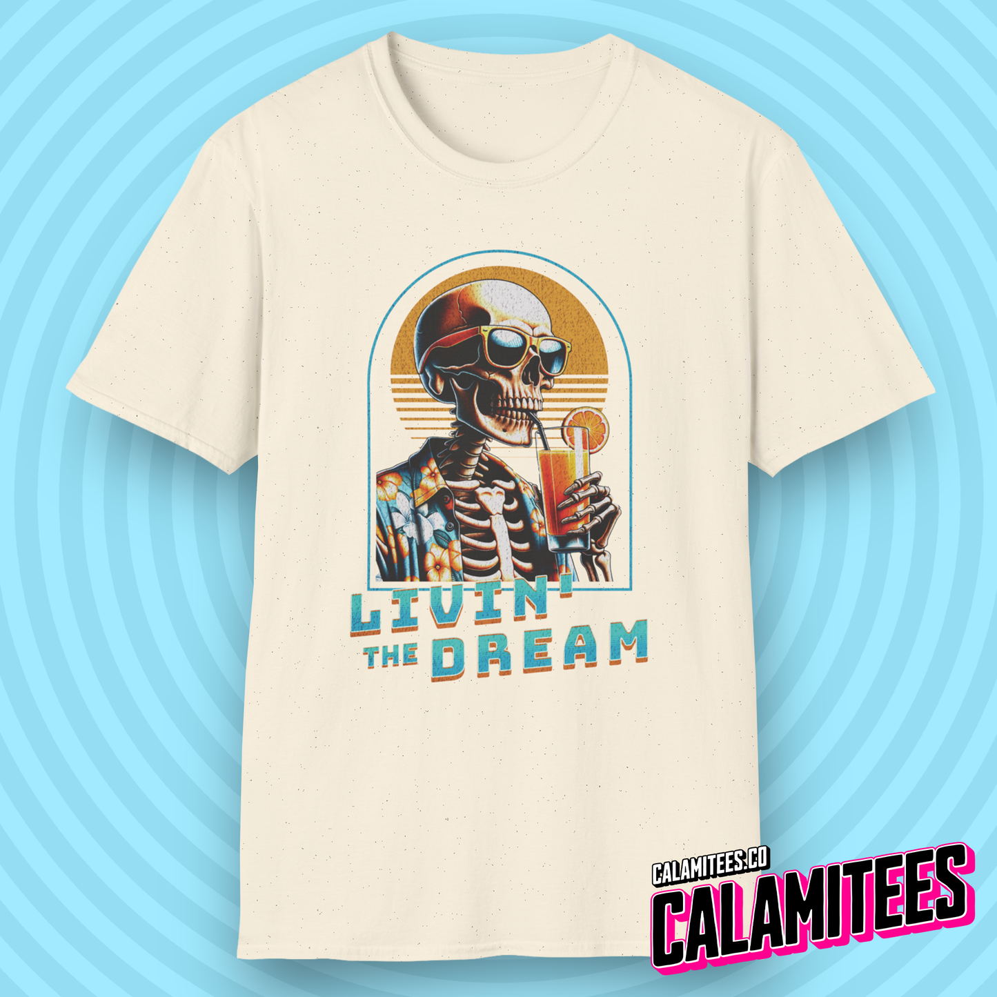 Livin' The Dream Tropical Skeleton in Hawaiian Shirt Illustration Graphic Tee Pop Culture Stylish Funny T-Shirt