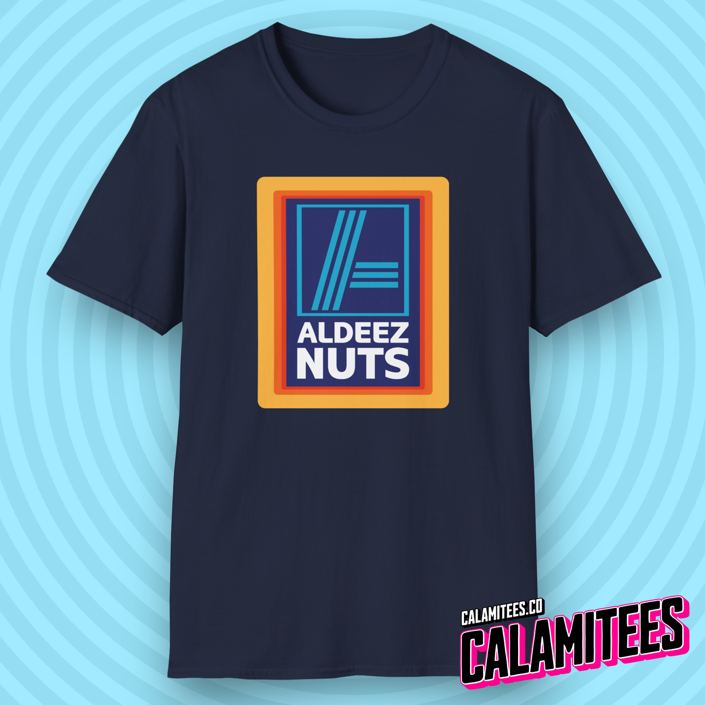 Aldeez Nuts Parody Aldi Logo Graphic Tee Funny T-Shirt at CALAMITEES.co