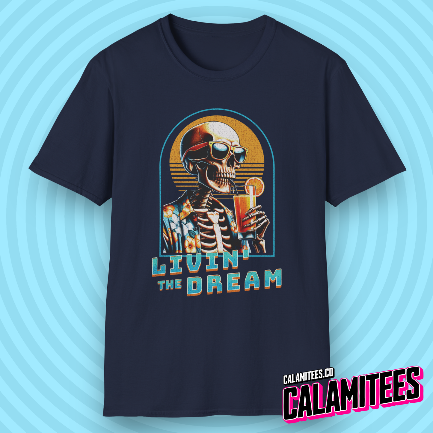 Livin' The Dream Tropical Skeleton in Hawaiian Shirt Illustration Graphic Tee Pop Culture Stylish Funny T-Shirt