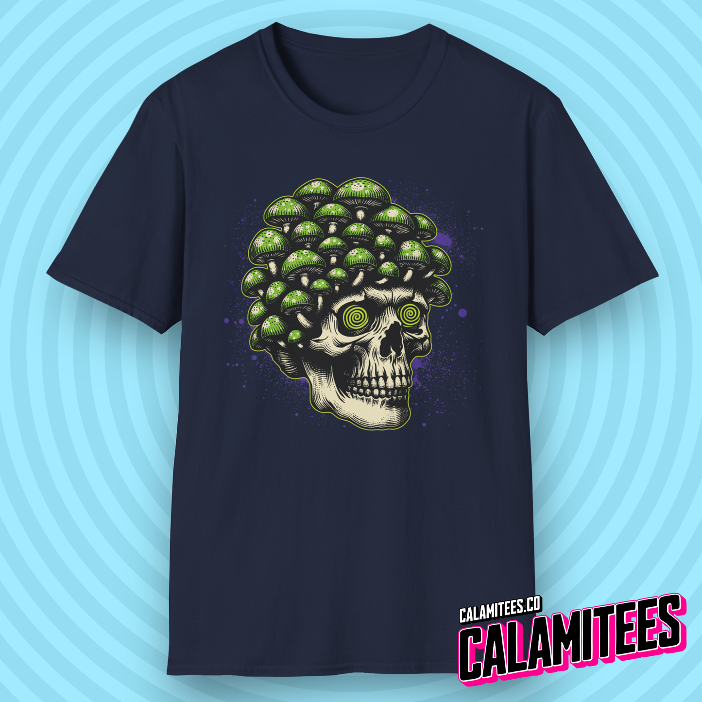 Trippy Skull Magic Mushroom Illustration Graphic Tee Tripping Psychedelic Art T-Shirt
