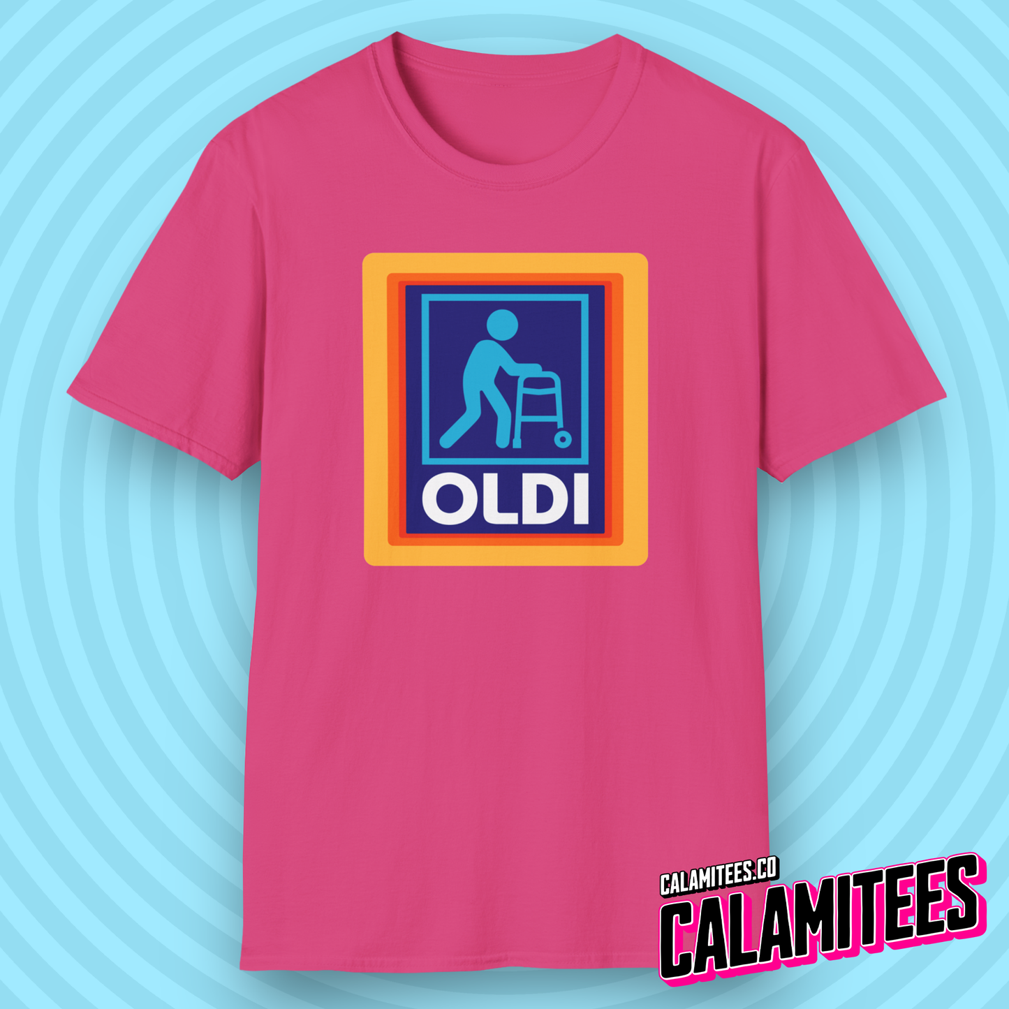 Oldi - Old Person With a Walker Parody Logo T-Shirt